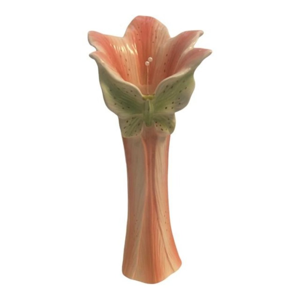 Pink and White Ceramic Flower Vase Green Butterfly 11.5"